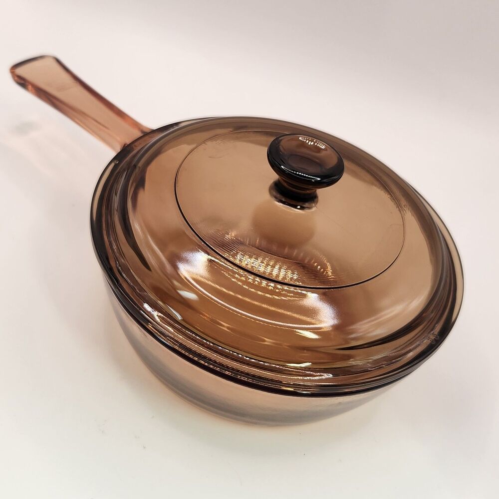 Pyrex Corning Vision Ware AMBER Glass .5 L / QT Sauce Pan Pot W/Lid Vintage USA